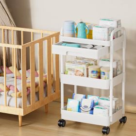 Rolling Utility Cart Movable Storage Organizer with Drawer Lockable Wheels 360 Degree Rotatable Hallow Design for Bedroom Bathroom Kitchen (Color: White, Tier: 3 Tier)